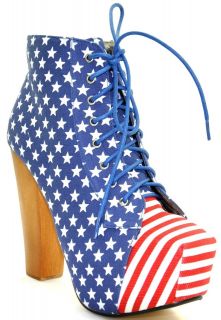 NEW WOMENS AMERICAN FLAG LACE UP BLOCK HEELS CONCEALED ANKLE BOOTS 