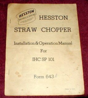Hessto IHC SP 101 Straw Chopper Installation & Operation Manual