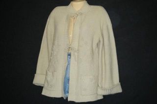 Vtg Glamour Knit Chunky Slouch Cream Cable Fisherman Cardigan Sweater 