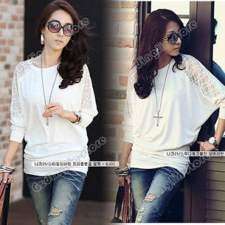 Womens Long Sleeve Batwing Dolman Lace Casual Loose Tops T Shirt S M 