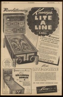 1951 Keeney Lite a Line pinball machine photo scarce trade print ad