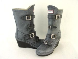 HUNTER REMY GREY MID CALF RUBBER BUCKLE WEDGE BOOTS SHOES US 7M