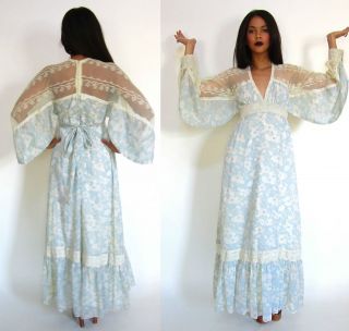 Vtg 70s Gunne Sax Sheer Cut Out Lace Floral Plunging Maxi Dress 