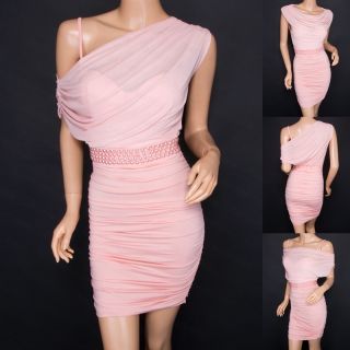 Beautiful Pink Padded Beads Ruched Party Evening Prom Pencil Dress L