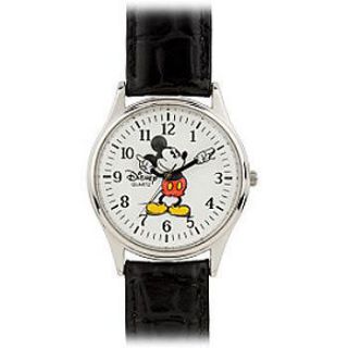 new mickey mouse mens watch chrome black leather expedited shipping 