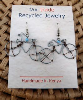 African Jewelry Bicycle Recycled Wire Earrings Kenya Fair Trade Blue