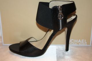 NEW MICHAEL KORS Black Glazed Leather ODELIA MK Zipper Sandals Heels 