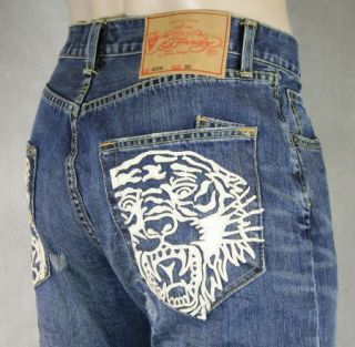 ed hardy mens tiger head white leather patch jeans 30