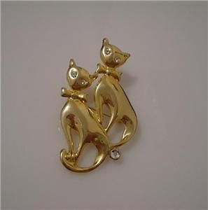 bonetto 2 cats rhinestone accents goldtone pin brooch time left
