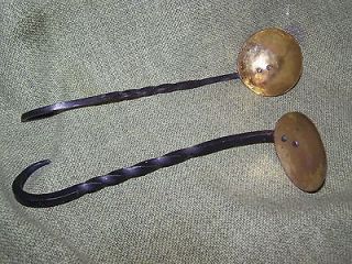 pair of vintage hand wrought iron and brass ladles dippers