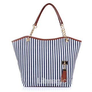 Stripe Canvas Stylish Street Snap Candid Tote Shoulder Bag Handbag 