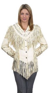 Womens white western style leather fringe jacket studs, beads, wood 