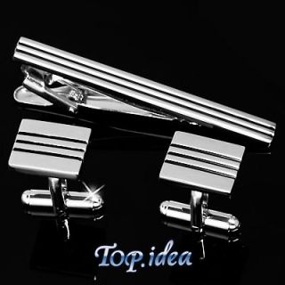 BLK PARALLEL STRIPES SILVER TONED STAINLESS STEEL CUFFLINKS TIE BAR 