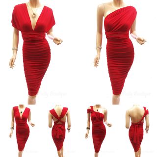 Unique Convertible Red V Neck / One Shoulder Ruched Evening Dress, S