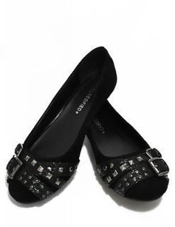 CITY CLASSIFIED LIST BLACK LAMI ROUND TOE STUDDED BUCKLE DETAIL BALLET 