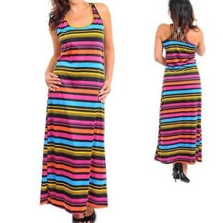 12   1X 2X 3X Plus Size MultiColor Striped Lace Back Summer Maxi Dress 
