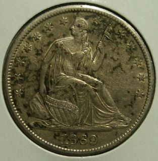 1869 s seated liberty half au+  349