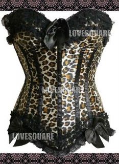 leopard print victorian black lace boned corset s m l xl