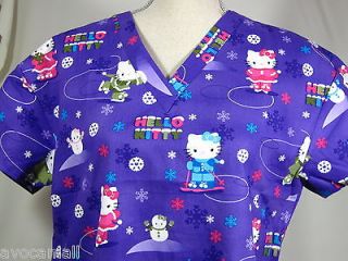   Top Hello Kitty Winter Sking Snowman Purple LARGE Medical Nursing
