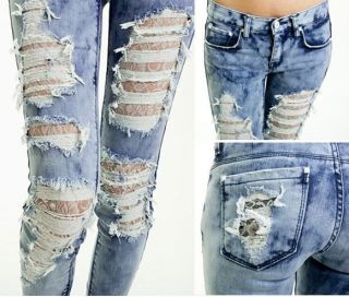   Ripped TIE DYE BLUE Skinny Jeans, Lace Lined, Destroyed, UK 6,8,10