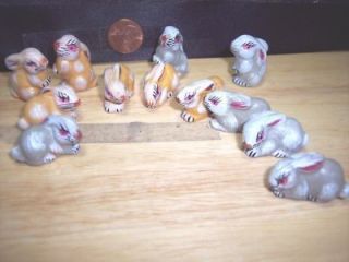 12 small porcelain bunny rabbits grey tan 