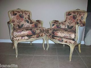 RARE Pair French Petite Bergere Arm 2 Chairs Victorian Queen Anne 
