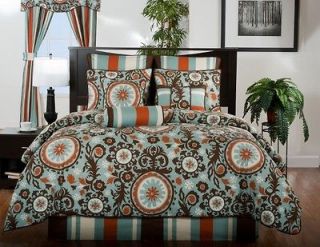 4pc Sky Blue/Chocolate/Rust Modern Design Comforter Set King