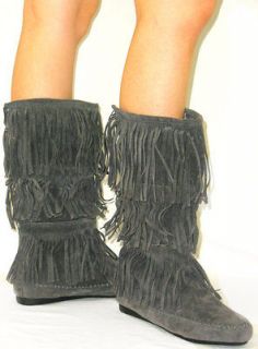 Cherokee Indian Faux Suede Moccasin Fringe Tassel Flat Boots Mid Calf 