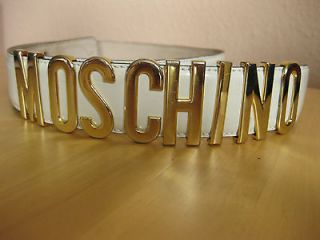 VTG 80s MOSCHINO by REDWALL Gold Letters Leather Belt *creme/ivory 