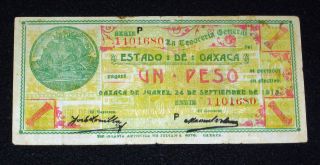 Mexico $ 1 Peso 1915 Estado de Oaxaca Vintage Currency Note Mexican 