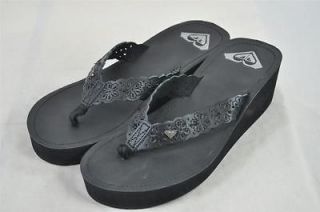 ROXY AZTEC BLACK LEATHER THONG STRAP FLIP FLOP WEDGE PERFERATED FLORAL 