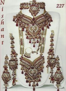 Maroon Golden Wedding Bridal 8pcs cz Kundan Diamantes Necklace Jewelry 