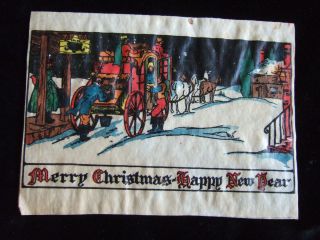 1930s ART DECO CHRISTMAS CARD Parchment VICTORIAN COACH & 4 Horses 