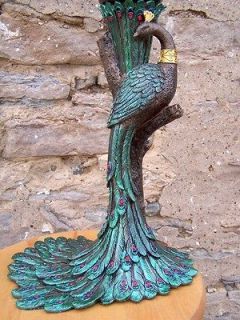   Antique Mystic Style Peacock Green Blue Red Jeweled Tail Feathers Lamp