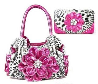 Pink Zebra Leopard Flower Rhinestone Fashion Handbag Purse Tote Wallet 