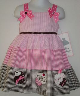  Pink Brown Check Dot Cupcake Dress Easter RARE EDITIONS Sz 12 Mos
