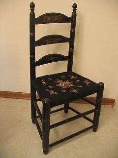   Style Ladder Back Chair Black & Gold Stencil Needlepoint Seat