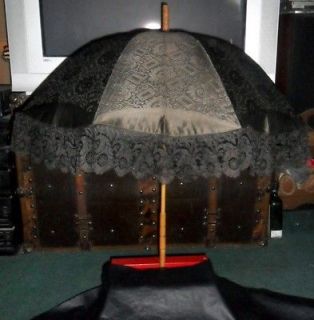 Antique Umbrella Parasol Wood Handle Mourning Parsol Black Silk w Lace
