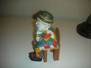 Porcelain Clown Figurine Seated on Wooden Chair/Commode, Vintage 