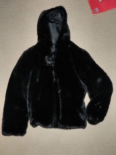   FAUX FUR BLACK HOODED COAT JACKET  EUC SMALL (mink,fox,stole,shawl