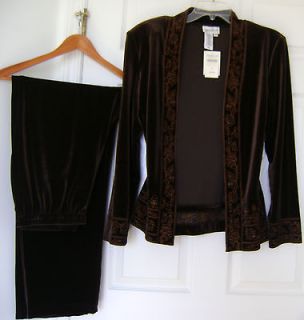 NEW COLDWATER CREEK 12 2 PC BROWN VELVET EMBROIDERY JACKET PANTS 