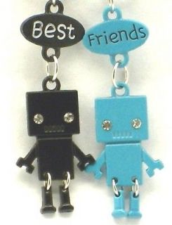 New Best Friend Robot Charm 2 Pendant 2 Necklace Blue/Black BFF 