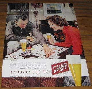 1960 vintage ad schlitz beer couple play monopoly 
