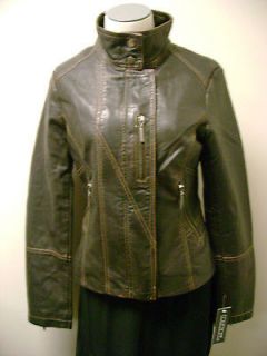 Collezione Faux Leather Jacket with Stitch Detail Brown NWT