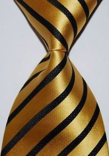 New Classic Stripes Gold Black JACQUARD WOVEN Silk Mens Tie Necktie 