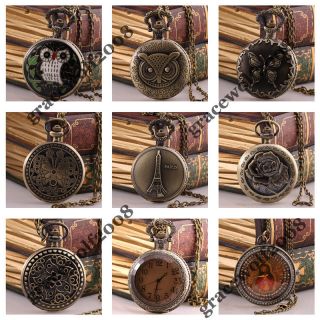 1PC Vintage Antique Brass Pocket Watch Pendant Chain Necklace 14 