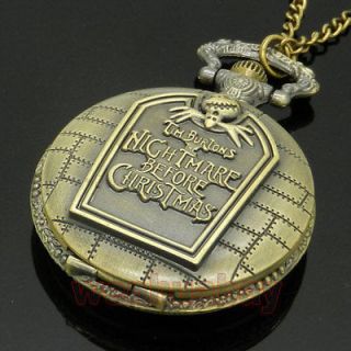 Vintage Nightmare Before Christmas Bronze Pocket Watch Necklace Chain 