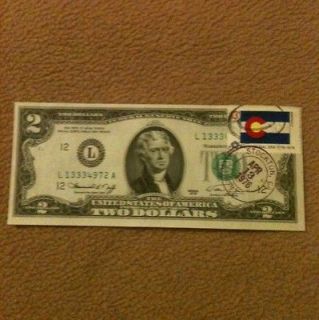 1976 Uncirculated $2 Bill With First Day Issue Postmark & Colorado 