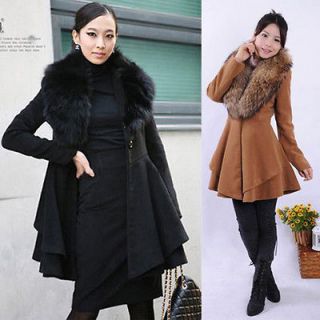 Hot Sale Womens Winter Wool Blend Long skirt Coat Jacket Faux Fox Fur 