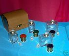 Travel Glass Perfume Bottle Set With Enamel Tops and Leather Case 